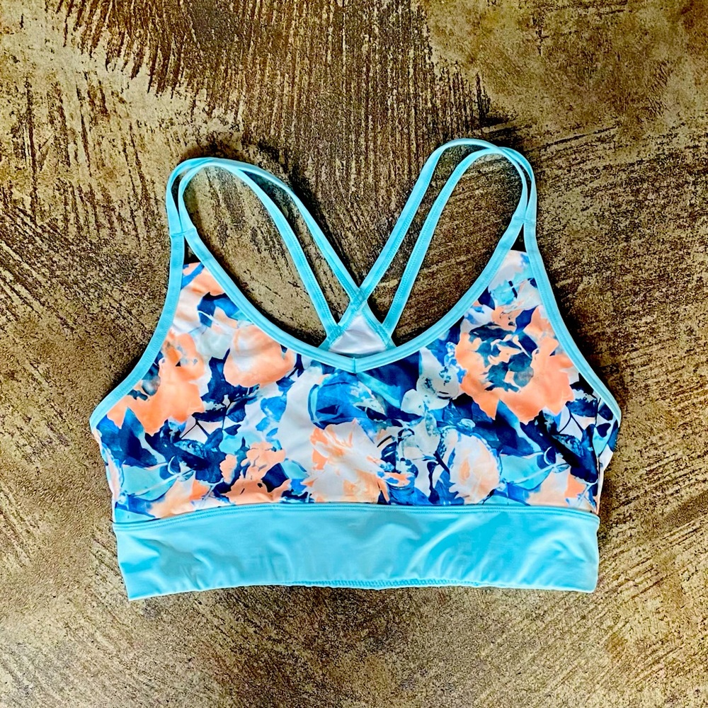 Flirty Floral Print Racerback Sports Bra Blue Pink